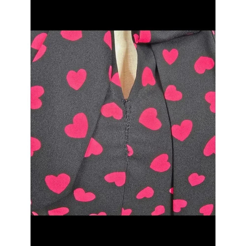 Kate Spade New York Black Pink Heart Print Tie Neck Dress Size 8